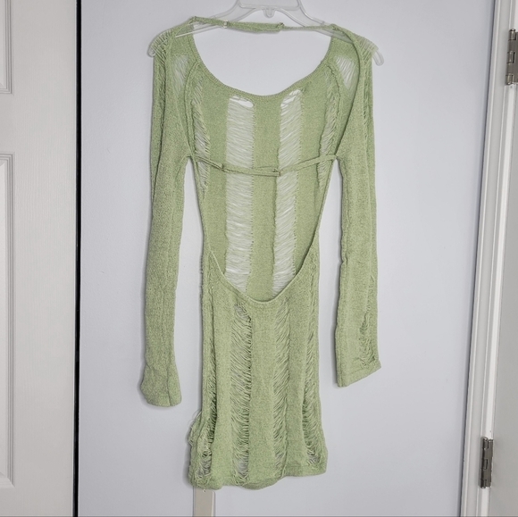 SOLD - NWT Commense Green Backless Distressed Ripped Long Sleeve Mini Dress - Picture 6 of 9